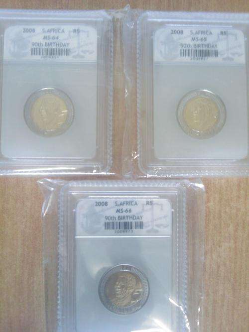 R1!!! START NO RESERVE!!!!! - R5 Mandela 90th Birthday / MS-64 / MS-65 / MS-66 All 3 coins 1 bid