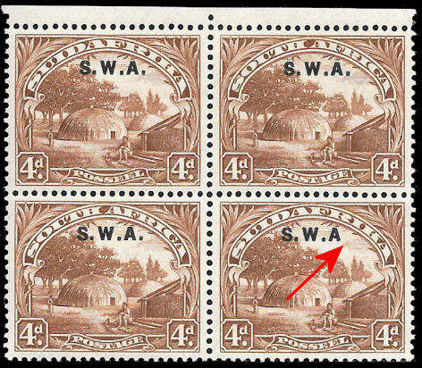 1927/30 Pictorials 4d top marginal Block of 4, without stop after A, Unmounted mint