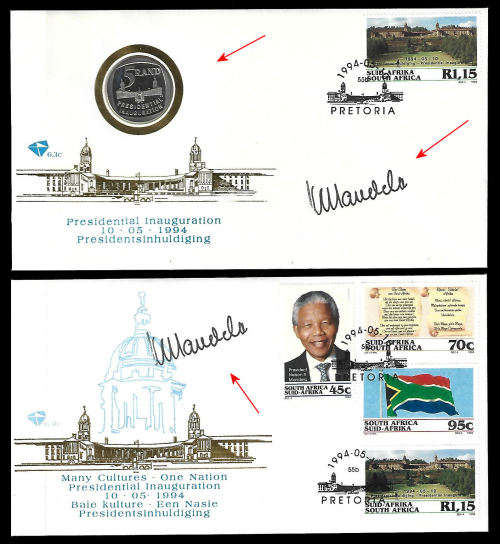 1994 Inauguration R5 Proof Coin Cover Plus Normal, Both with Pres. Mandela Autopen Signatures
