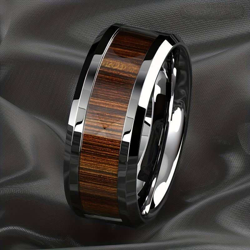 Luxurious Men`s Wood Grain Stainless Steel Ring