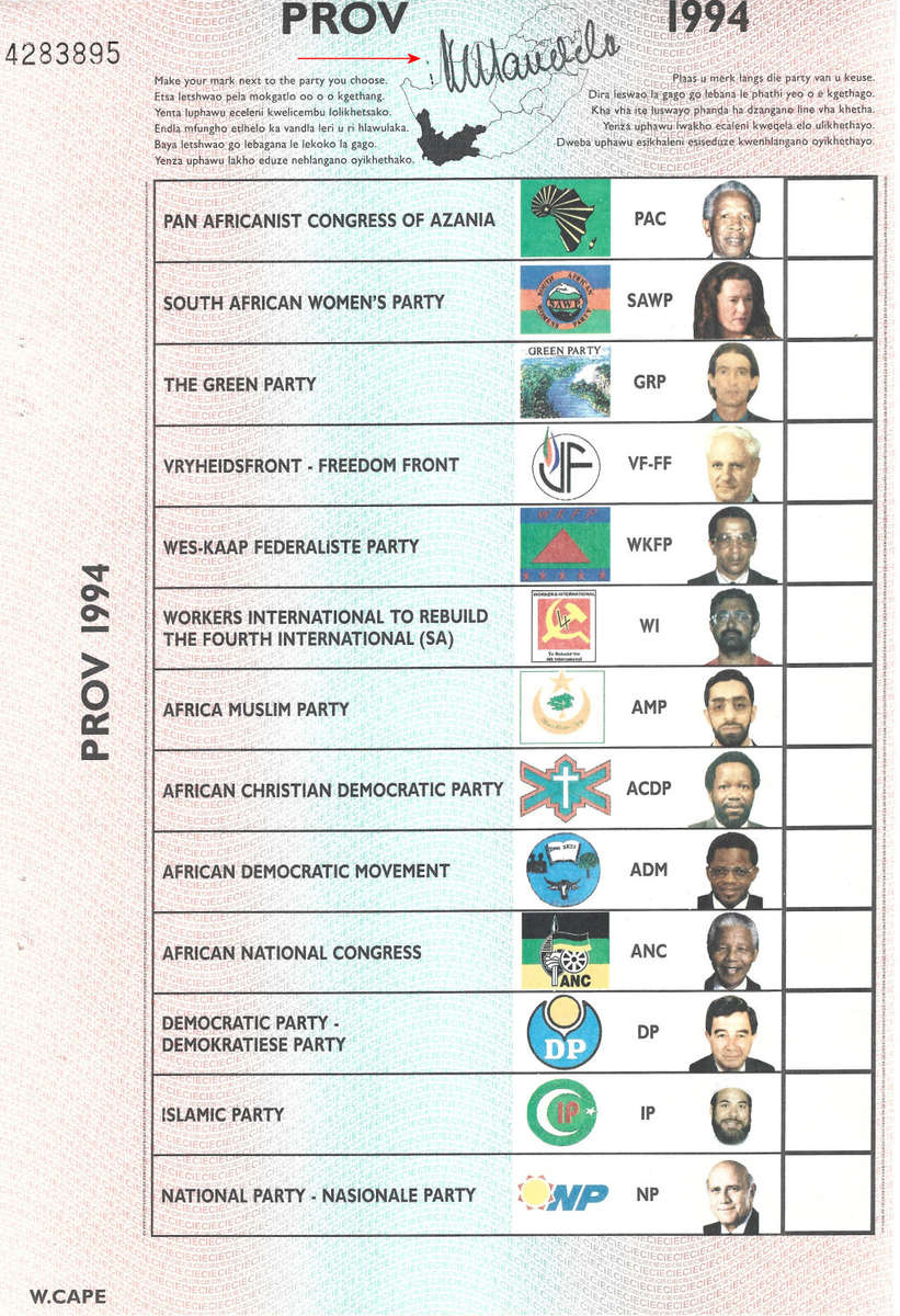 1994 Prov. Ballot Paper for Western Cape with MANDELA autopen Signature, Rare item