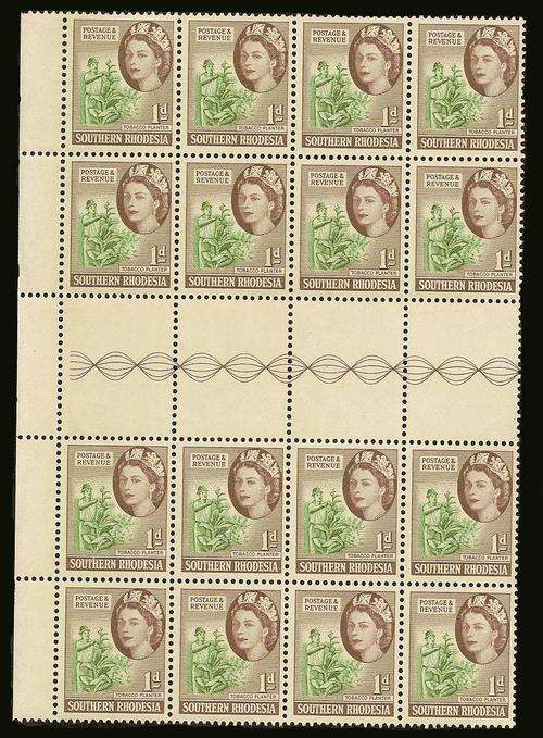 1953 S/Rhodesia Q.E.II 1d Gutter Block of 16