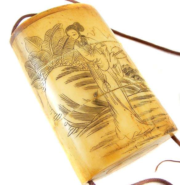 Authentic Japanese Inro - 3 Case Engraved Carved Oxbone