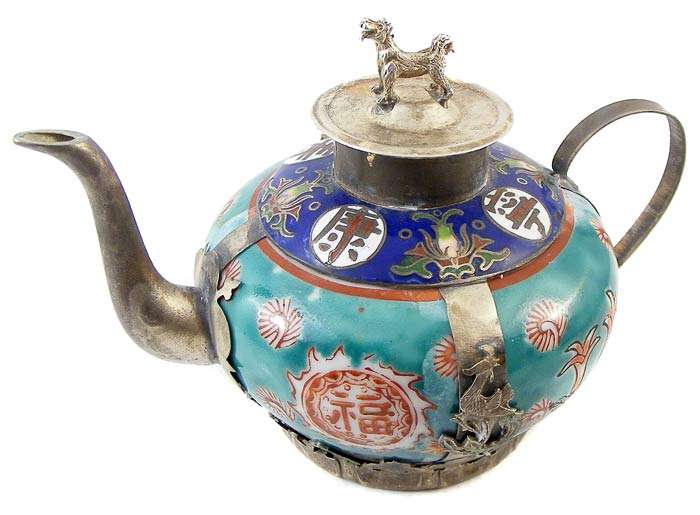 Authentic Chinese Handpainted Porcelain/Silverplated Cloisonne teapot!