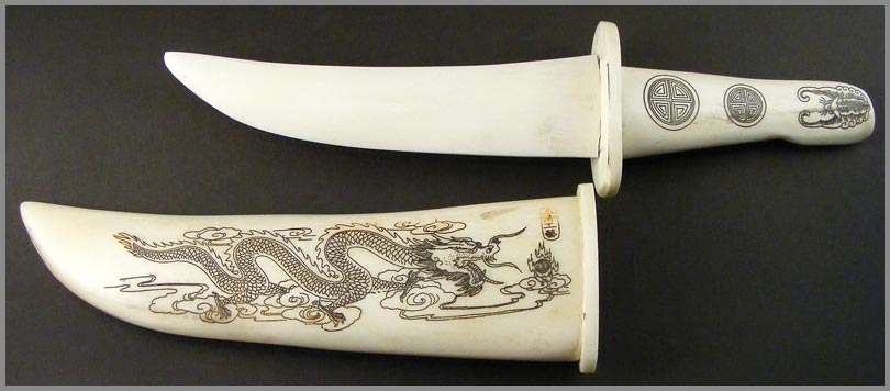 Authentic Oriental Etched Oxbone Knife & Sheath! Dragon and Phoenix design.