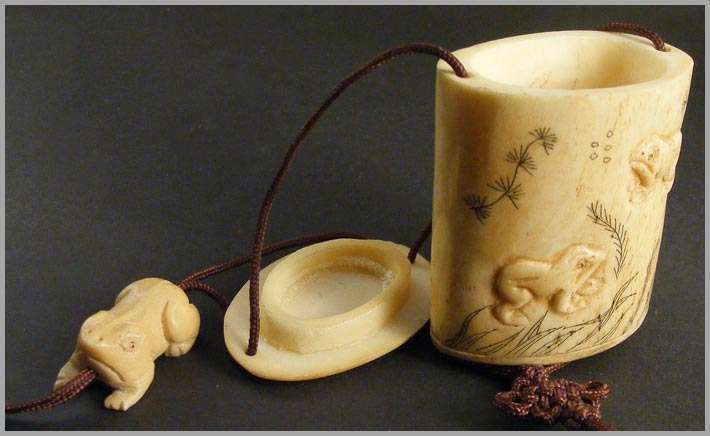 Authentic Functional Japanese Inro - Carved Oxbone with Frog Ojime! Own a piece of Japanese Culture!