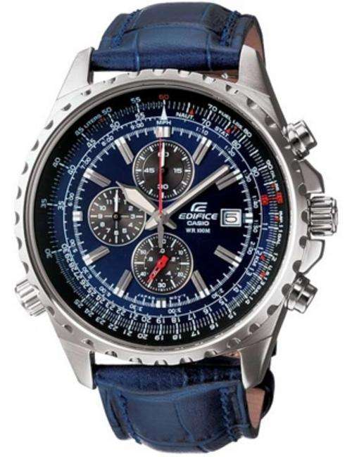 CASIO EDIFICE Aviator SlideRule Pilot's Chronograph - blue dial and leather band