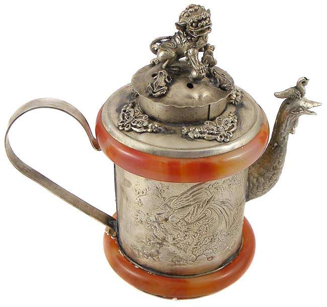 Authentic Chinese Jade/Silverplated Foo Dog Phoenix teapot!