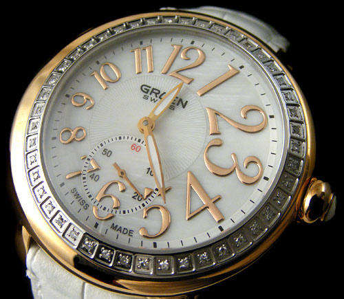 Diamonds! 100% Swiss Made Ladies GRUEN SWISS 45 DIAMOND Mother of Pearl RoseGold Quartz - Rare!