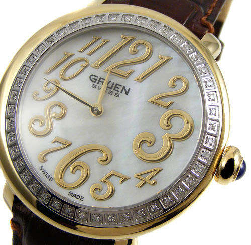 Diamonds! 100% Swiss Made Ladies GRUEN SWISS 45 DIAMOND Mother of Pearl GoldTone Quartz - Rare!