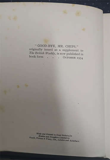 Goodbye, Mr. Chips by James Hilton 1934 1st Edition