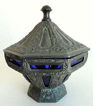 VINTAGE JAPANESE METAL BOWL AND LID WITH COBALT BLUE GLASS LINER,MARKED, EXCELLENT CONDITION