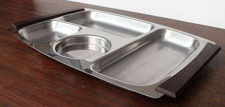 STAINLESS STEEL TEAK HANDLES SUSHI DISH/DINNER PLA. DESIG.MARKED" KH No.S-804..." HONG KONG 1950/60S