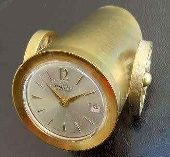 SWISS DESK CLOCK `THE CANNON` MADE BY BULER, CALENDAR WIND UP MOVEMENT BRASS CASE 1960`s WORKING