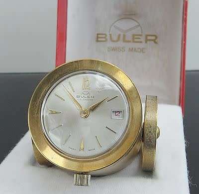 SWISS DESK CLOCK `THE CANNON` MADE BY BULER, CALENDAR WIND UP MOVEMENT BRASS CASE 1960`s WORKING