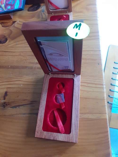 Excellent - Wooden Coin Box Holder Fifa World Cup SA, Durbn Staduim Launch Set