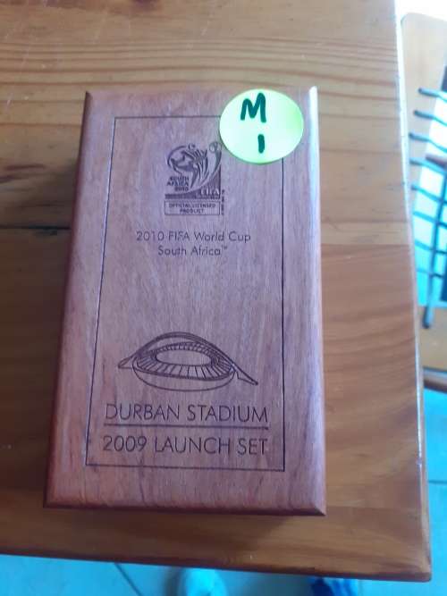 Excellent - Wooden Coin Box Holder Fifa World Cup SA, Durbn Staduim Launch Set