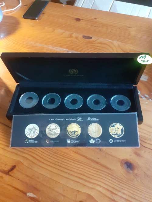 Wooden Coin Holder Box. Coins of the World