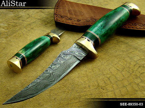 CUSTOM MADE DAMASCUS SKINNER KNIFE WITH SHEATH