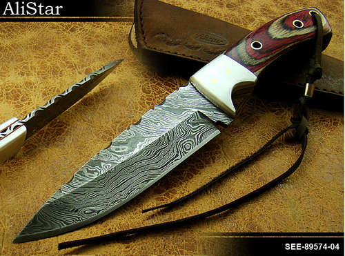 CUSTOM MADE DAMASCUS SKINNER KNIFE BUFFALO WOOD WITH SHEATH