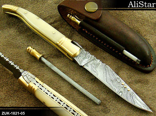 CUSTOM HANDMADE DAMASCUS FOLDING KNIFE WITH SHARPENING TOOL & SHEATHG