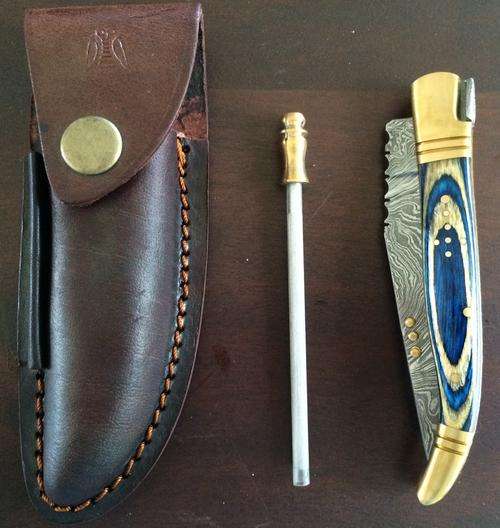 CUSTOM MADE DAMASCUS FOLDING KNIFE WITH SHEATH & SHARPENING TOOL