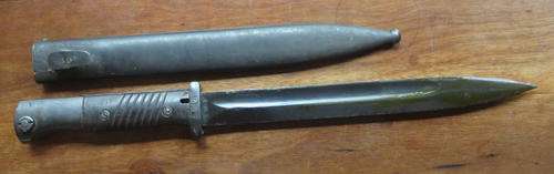 GERMAN WW2 S84/98 MAUSER BAYONET WITH GROOVED BAKELITE GRIPS-METAL BAYONET WITH ASW 44 MARKINGS-THE