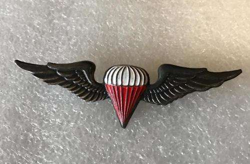 SWA FREE FALL PARACHUTE INSTRUCTOR WING-OXIDISED SILVER & ENAMEL BREAST BADGE- 2 PINS