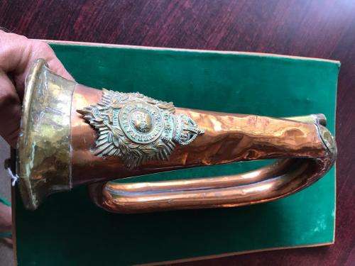 ORIGINAL HEAVY COPPER BUGLE WITH ROYAL MARINES HELMET PLATE WORN FROM 1900'S