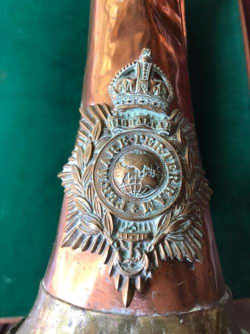 ORIGINAL HEAVY COPPER BUGLE WITH ROYAL MARINES HELMET PLATE WORN FROM 1900'S