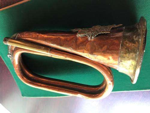 ORIGINAL HEAVY COPPER BUGLE WITH ROYAL MARINES HELMET PLATE WORN FROM 1900'S