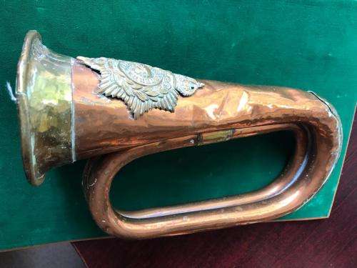 ORIGINAL HEAVY COPPER BUGLE WITH ROYAL MARINES HELMET PLATE WORN FROM 1900'S