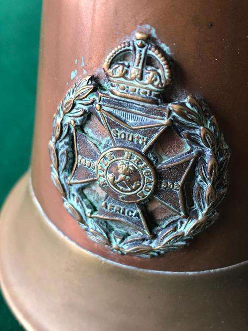 ORIGINAL HEAVY COPPER BUGLE WITH BOER WAR PERIOD RIFLE BRIGADE BADGE