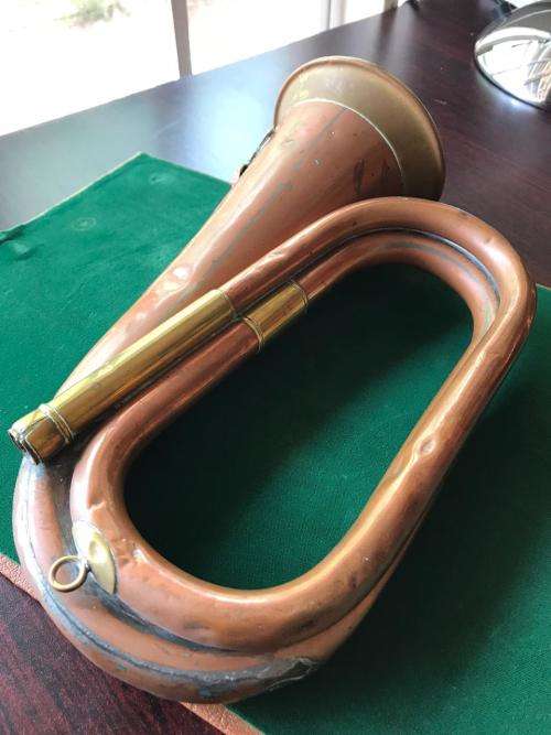 ORIGINAL HEAVY COPPER BUGLE WITH 20 FOOT LANCASHIRE FUSILIERS BADGE WORD FROM 1889