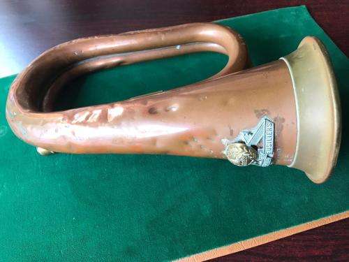 ORIGINAL HEAVY COPPER BUGLE WITH 20 FOOT LANCASHIRE FUSILIERS BADGE WORD FROM 1889
