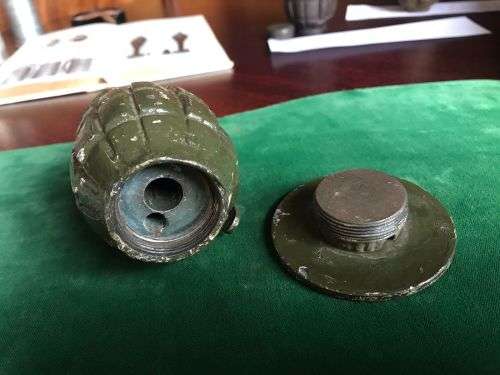 WW2 INERT,BRITISH MILLS HAND GRENADE- ON STAND