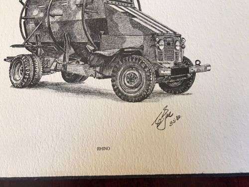 RHODESIA-COLIN EYRE PRINT-MILITARY VEHICLES OF RHODESIAN BUSH WAR-1980-42,5X30 CM AND GLUED ON WOOD-