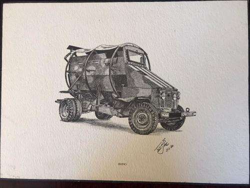 RHODESIA-COLIN EYRE PRINT-MILITARY VEHICLES OF RHODESIAN BUSH WAR-1980-42,5X30 CM AND GLUED ON WOOD-