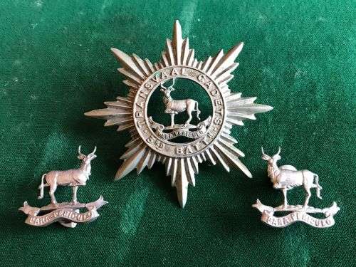 TRANSVAAL CADETS 3RD BATTALION WHITE METAL CAP (MEASURES 65X65MM)AND COLLARS-WORN PRIOR TO UNION-ALL