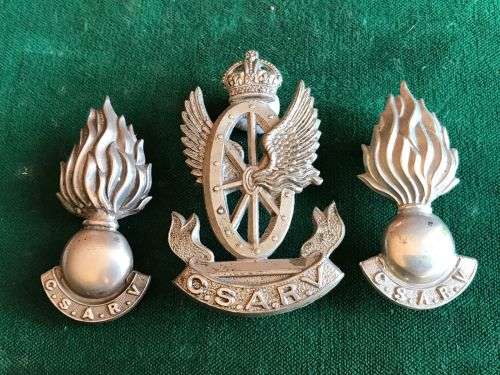 CENTRAL SOUTH AFRICAN RAILWAY VOLUNTEERS,CAP BADGE AND COLLARS-WORN 1902-1913-WHITE METAL-ALL LUGS I