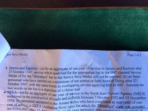 FULL SIZE SAINYA SEVA MEDAL 1960 AWARDED TO 6771241 N/K-CO CK. GEDA RA  M.A.M.C. COMES WITH HISTORY