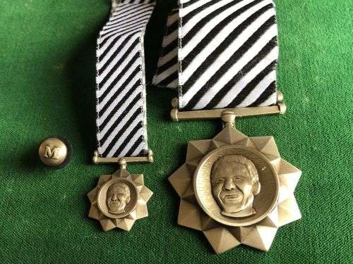 FULL SIZE AND MINIATURE MANDELA SILVER MEDAL WITH PIN- FULL SIZE NUMBERED