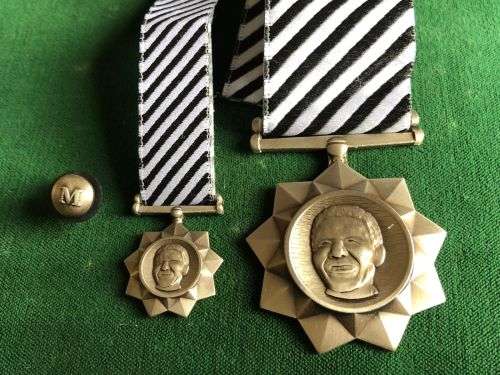 FULL SIZE AND MINIATURE MANDELA SILVER MEDAL WITH PIN- FULL SIZE NUMBERED