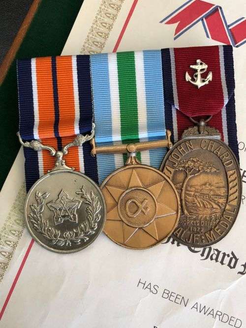 SADF GROUP OF THREE (FULL SIZE) POM. WALTER GSM-NUMBERED UNITAS-NUMBERED JOHN CHARD MEDAL WITH NAVAL
