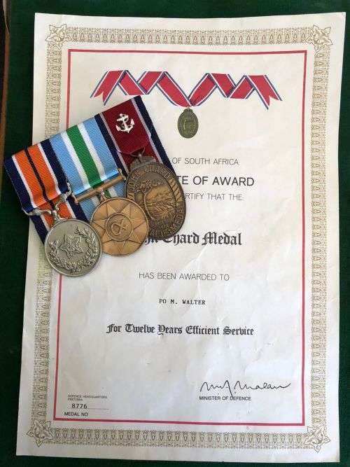SADF GROUP OF THREE (FULL SIZE) POM. WALTER GSM-NUMBERED UNITAS-NUMBERED JOHN CHARD MEDAL WITH NAVAL