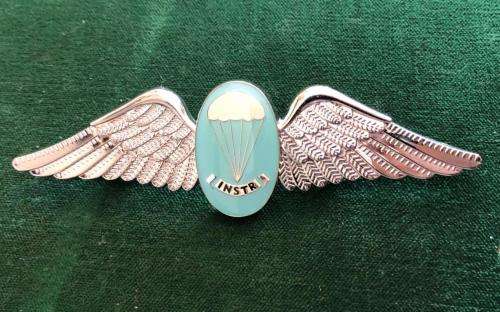 SA PARACHUTE STATICLINE INSTRUCTORS WING-FULL SIZE-WORN FROM THE 1970`S-CHROME PLATED IN LIGHT BLUE