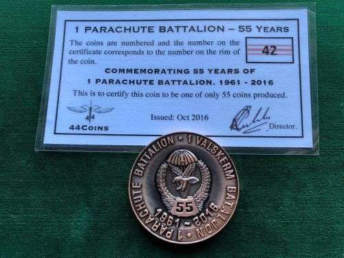 1 PARACHUTE BATTALION 1961-2016 CHALLENGE COIN NO 42 OF ONLY 55 COINS-PRODUCED (NUMBERED) WITH CERTI