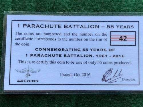 1 PARACHUTE BATTALION 1961-2016 CHALLENGE COIN NO 42 OF ONLY 55 COINS-PRODUCED (NUMBERED) WITH CERTI