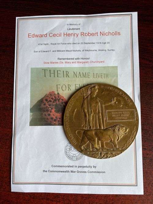 WW1 DEATH PLAQUE LT. EDWARD CECIL HENRY ROBERT NICHOLLS,DIED IN A SOPWITH CAMEL D5978-STOW MAVICS AE