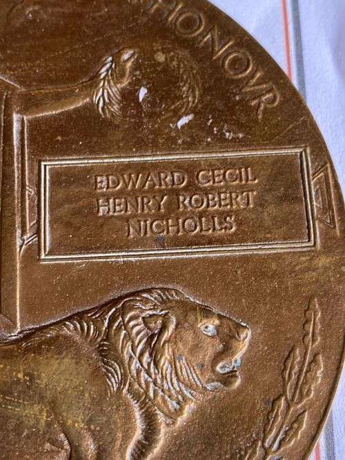 WW1 DEATH PLAQUE LT. EDWARD CECIL HENRY ROBERT NICHOLLS,DIED IN A SOPWITH CAMEL D5978-STOW MAVICS AE